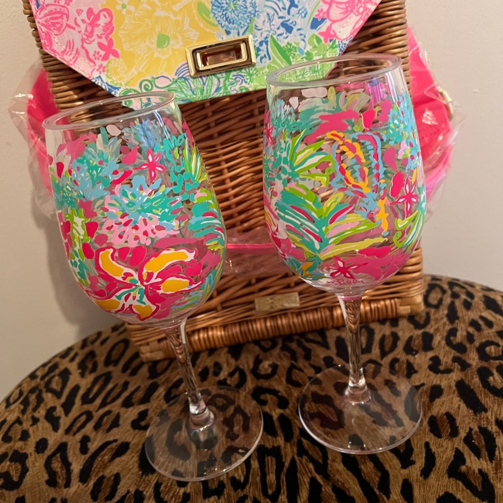 Lilly Pulitzer wicker rattan basket and wine glasses